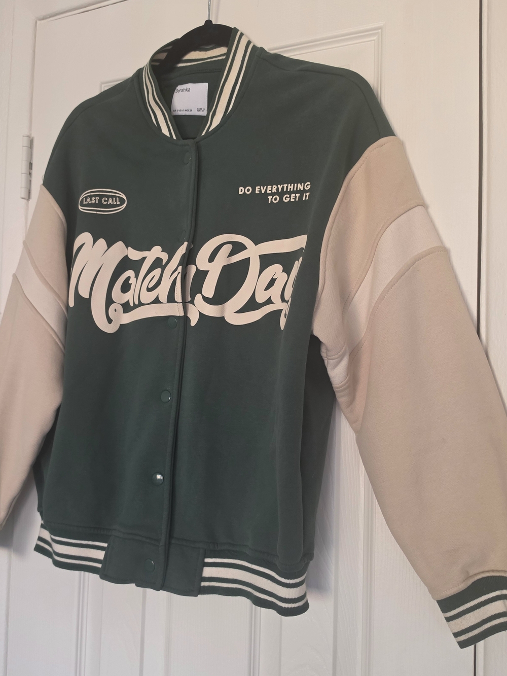 Bershka Dark Green & Cream 'Match Day' Varsity Jacket